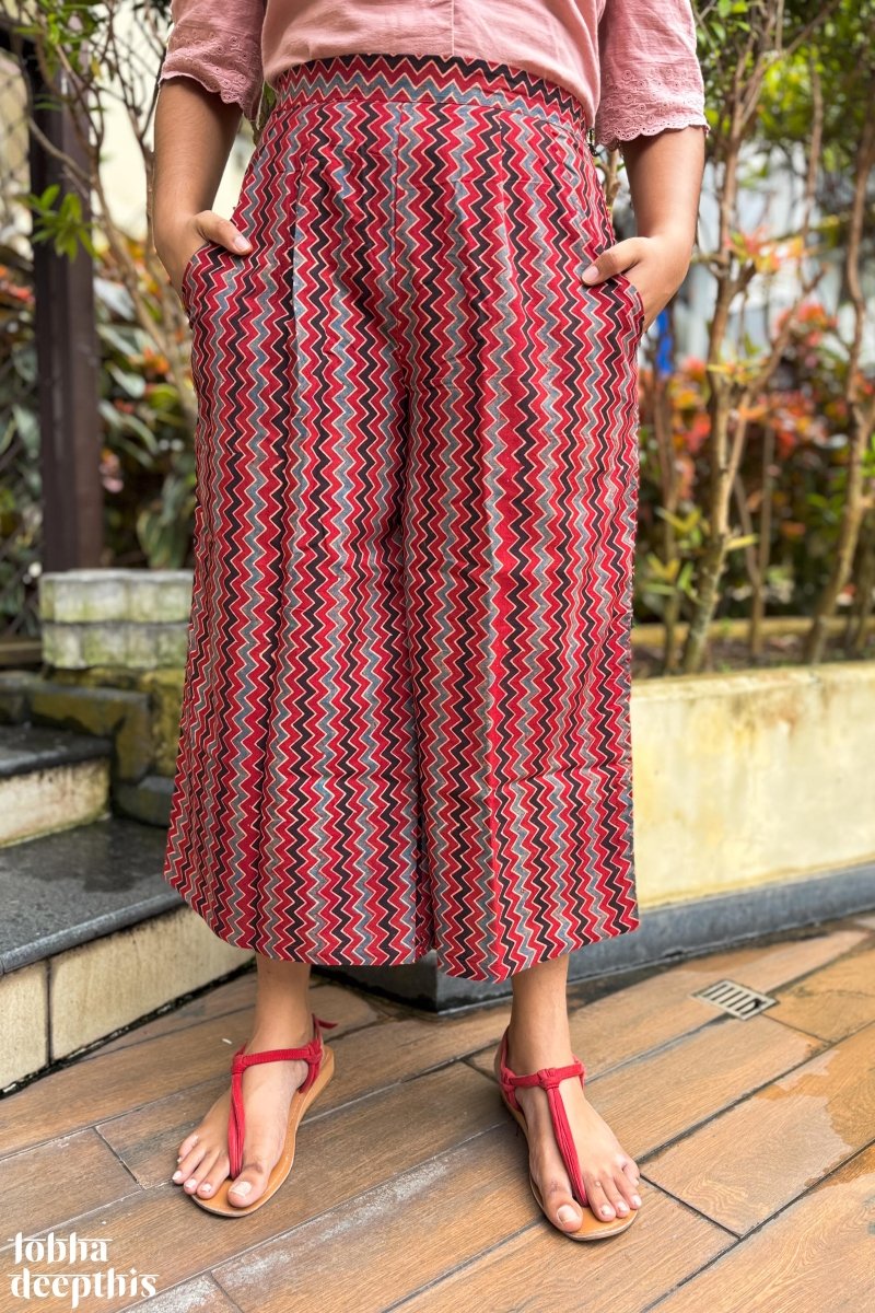 Madder Red Zig Zag Ajrakh Short Palazzo - Lobha Deepthis