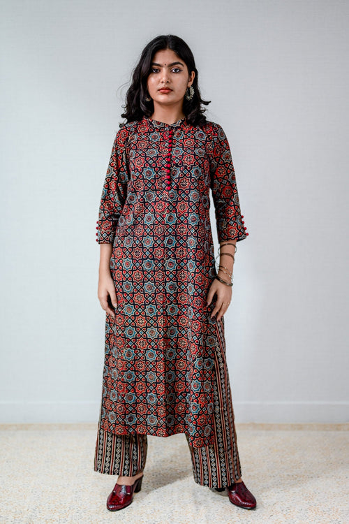 Mahnoor Black Ajrakh Straight Kurta - Lobha Deepthis