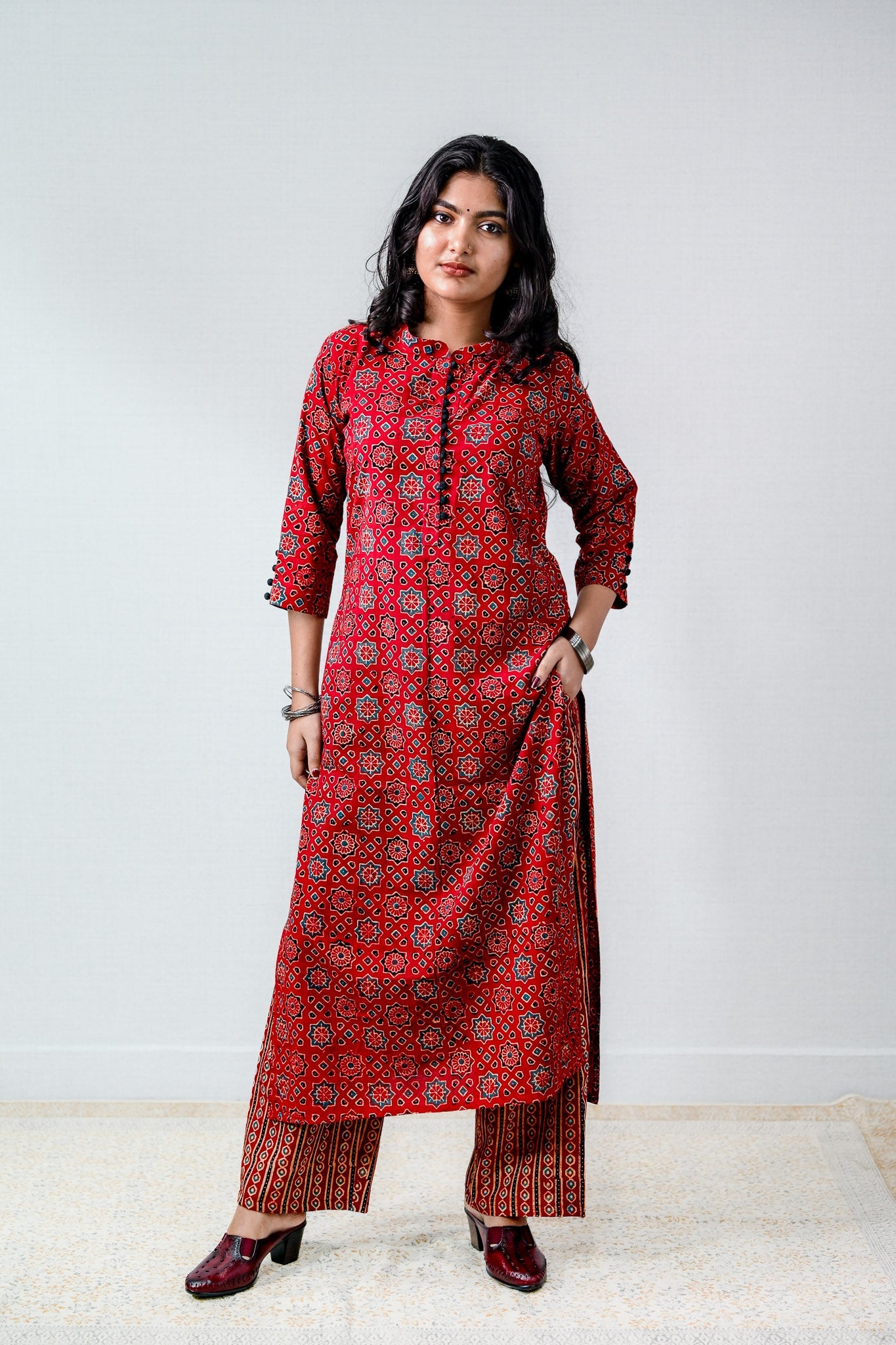 Mahnoor Madder Red Ajrakh Straight Kurta - Lobha Deepthis