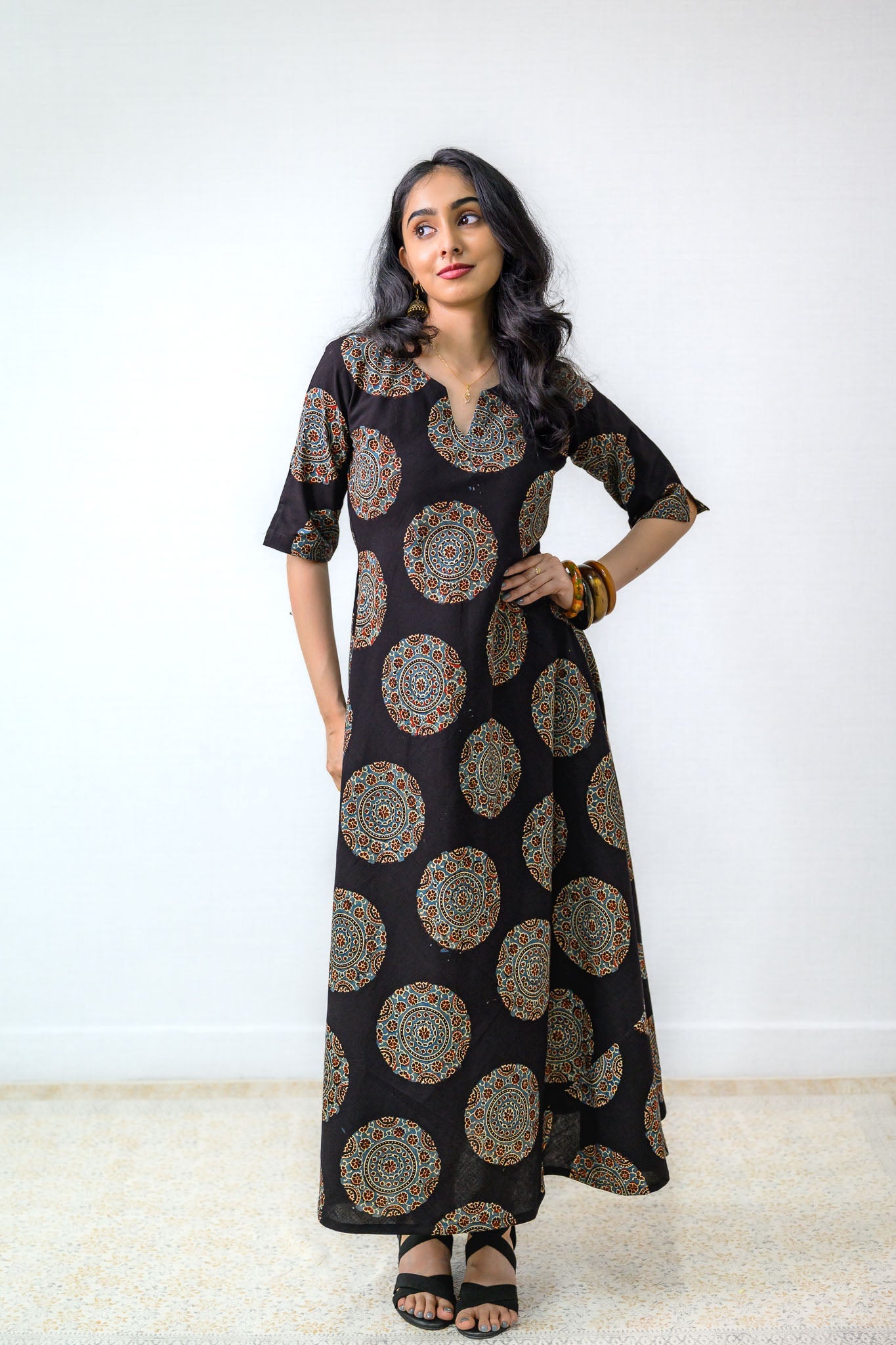 Mandala Noir Ajrakh Cotton Dress - Lobha Deepthis