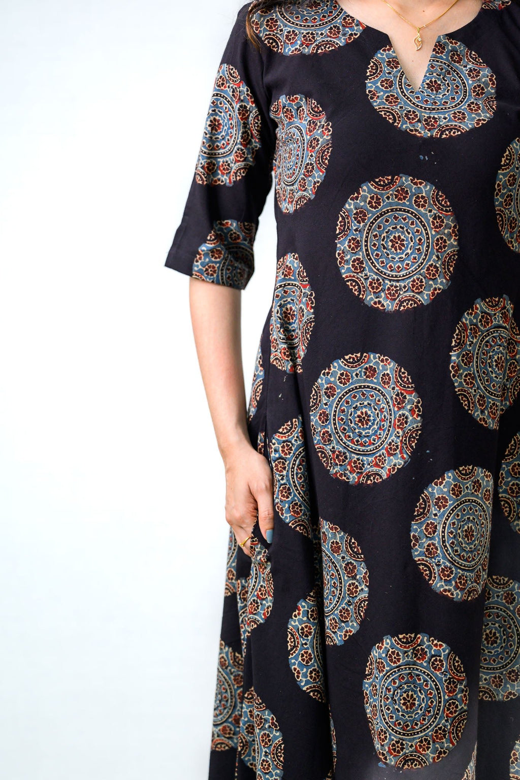 Mandala Noir Ajrakh Cotton Dress - Lobha Deepthis