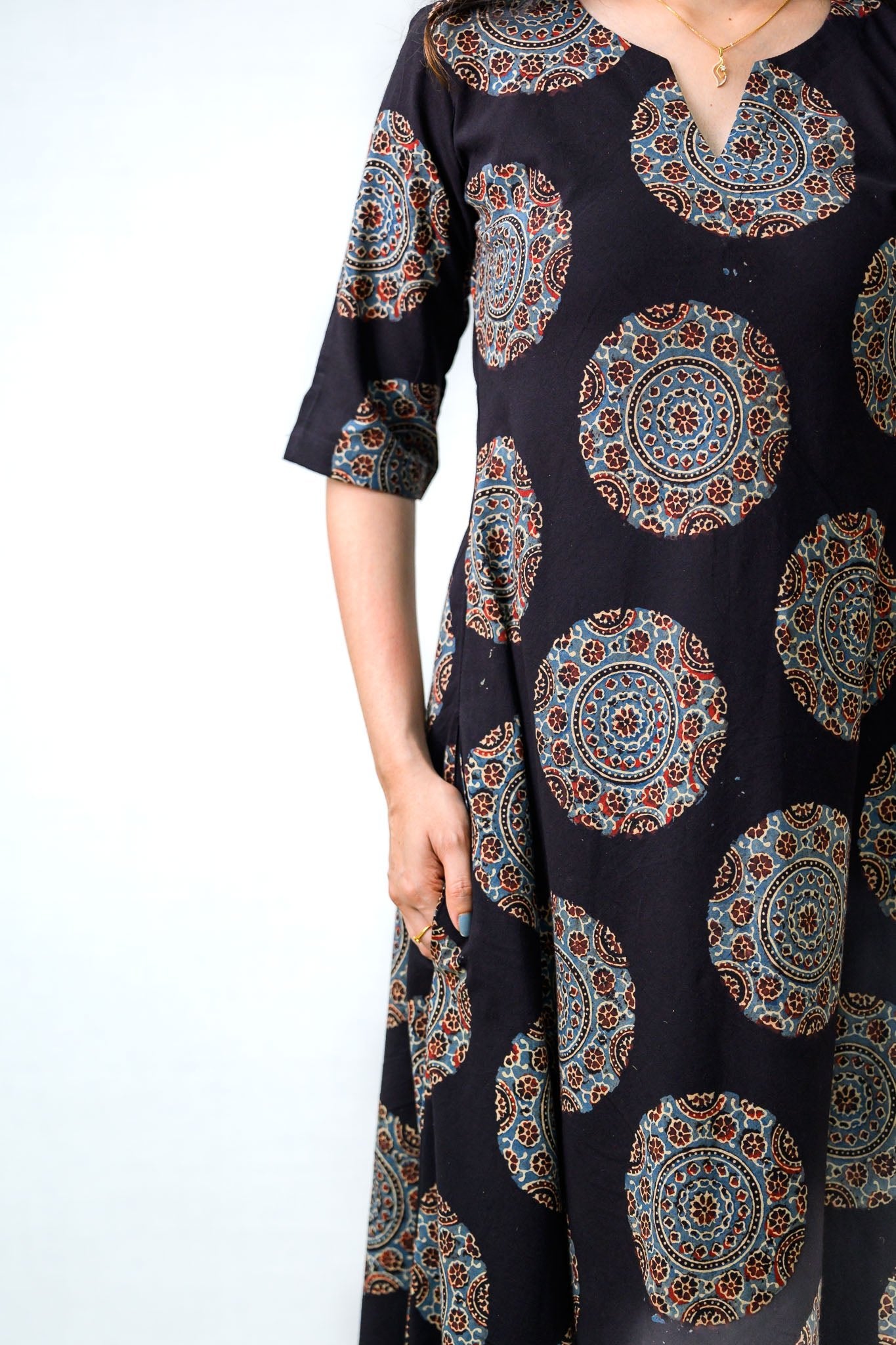 Mandala Noir Ajrakh Cotton Dress - Lobha Deepthis