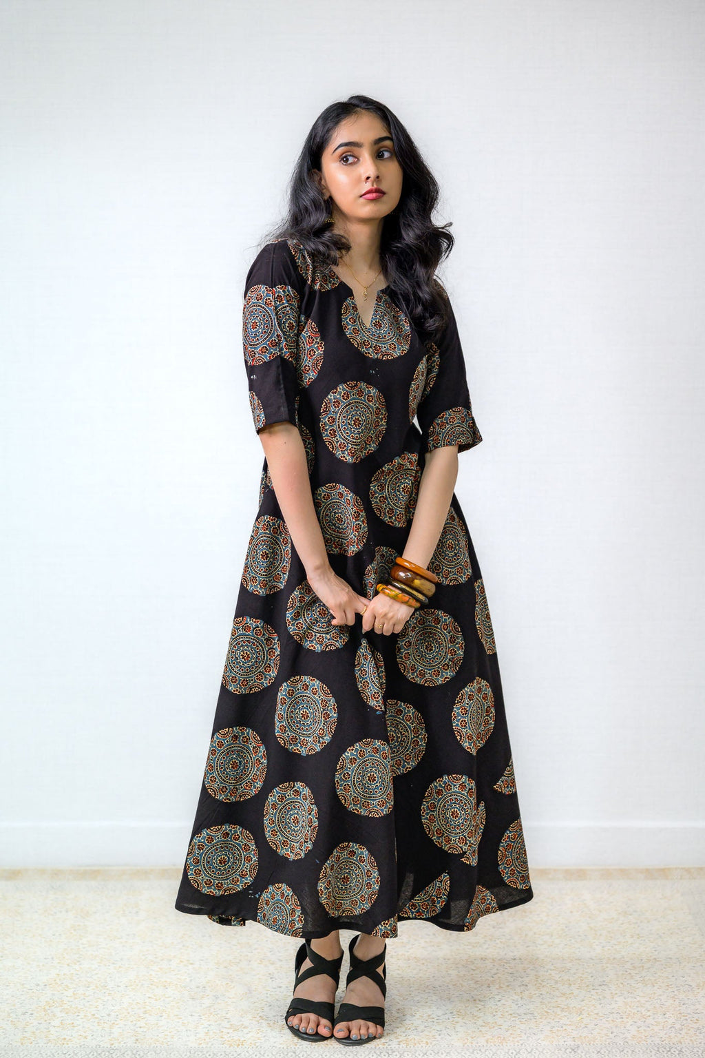 Mandala Noir Ajrakh Cotton Dress - Lobha Deepthis