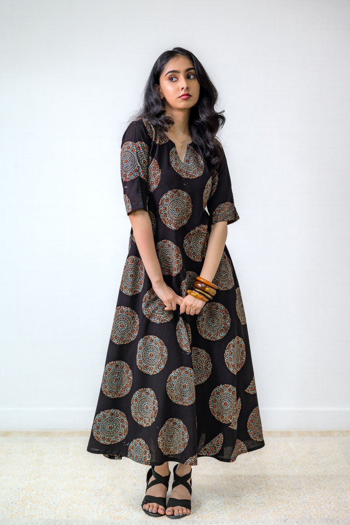 Mandala Noir Ajrakh Cotton Dress - Lobha Deepthis