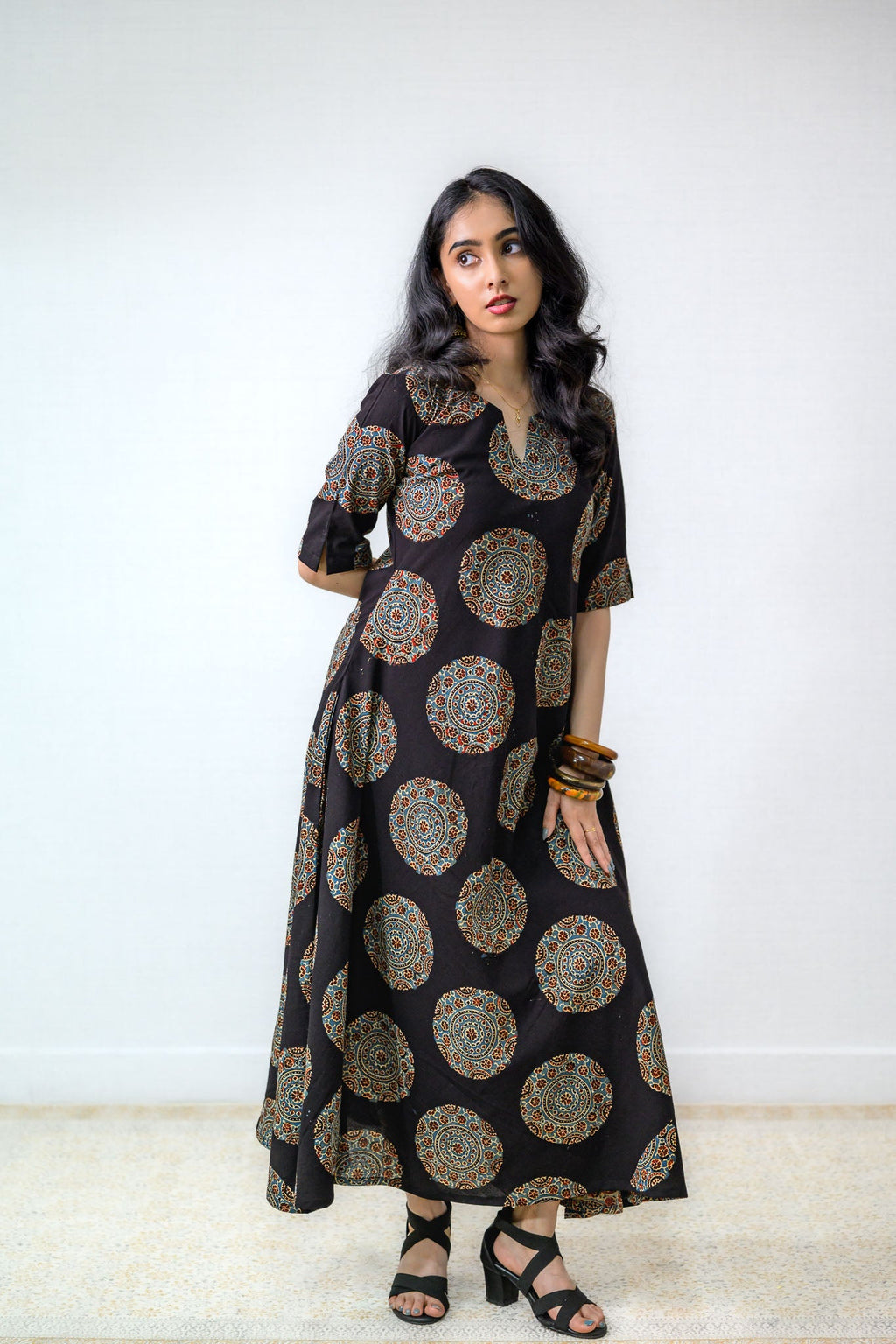 Mandala Noir Ajrakh Cotton Dress - Lobha Deepthis
