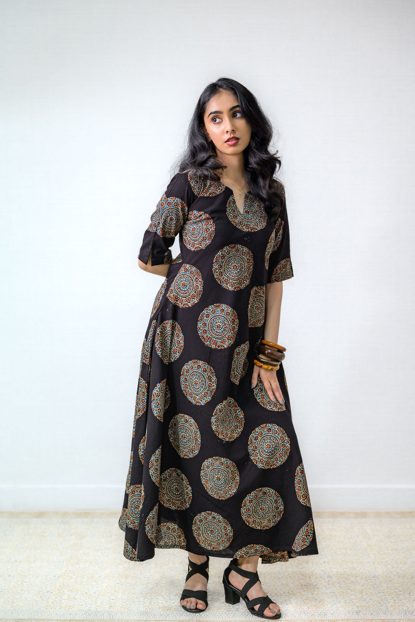 Mandala Noir Ajrakh Cotton Dress - Lobha Deepthis