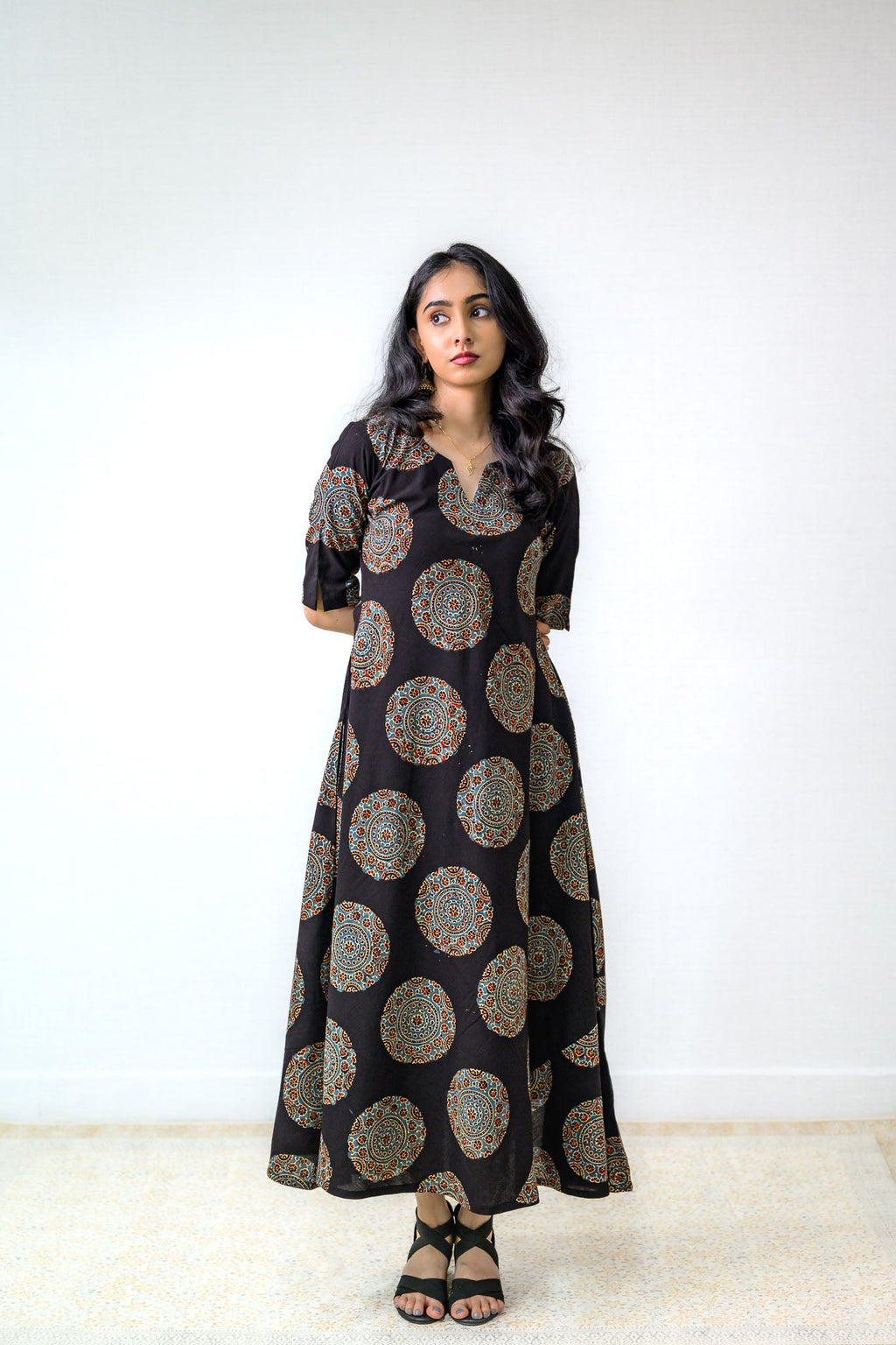 Mandala Noir Ajrakh Cotton Dress - Lobha Deepthis