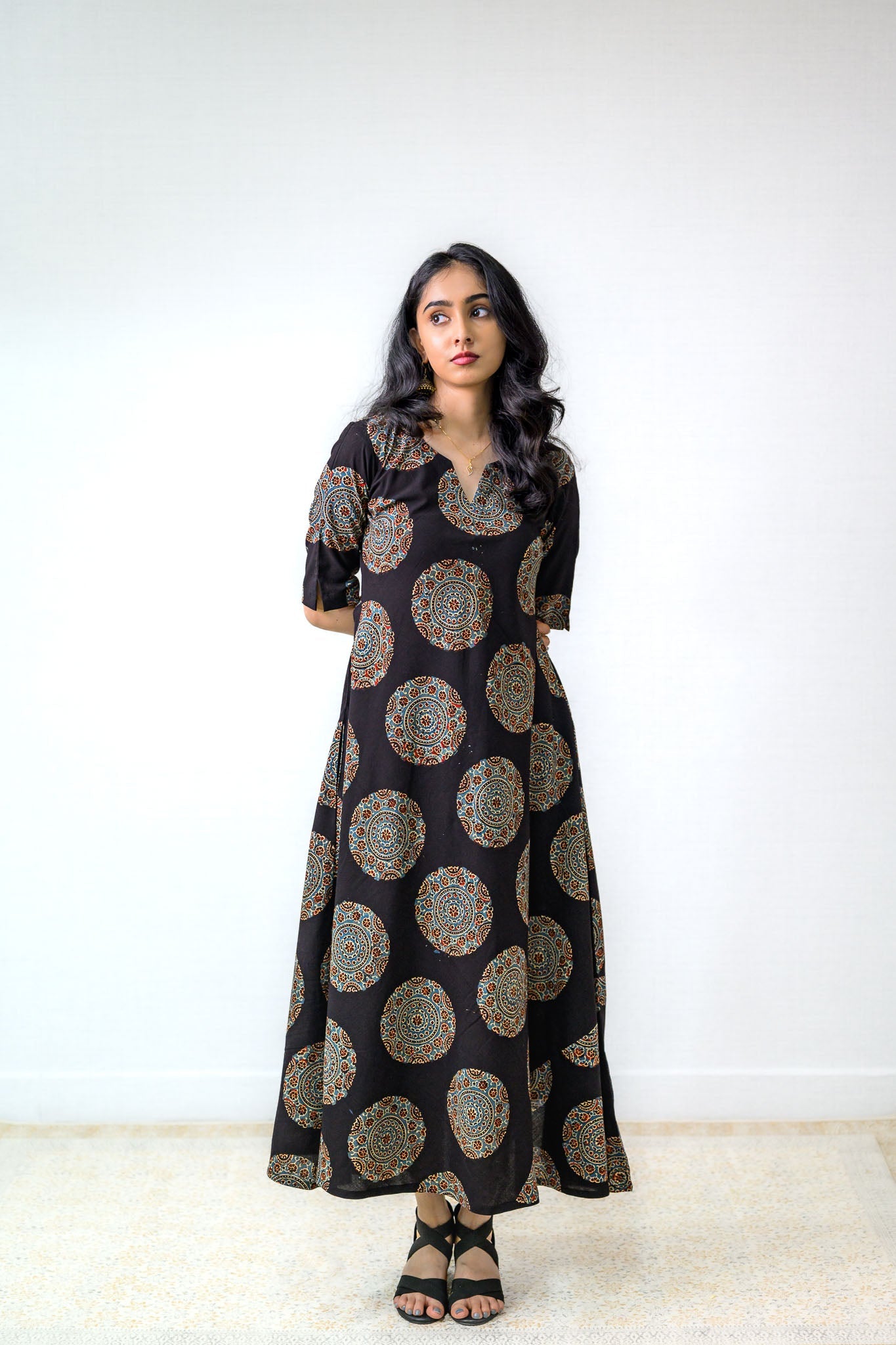 Mandala Noir Ajrakh Cotton Dress - Lobha Deepthis