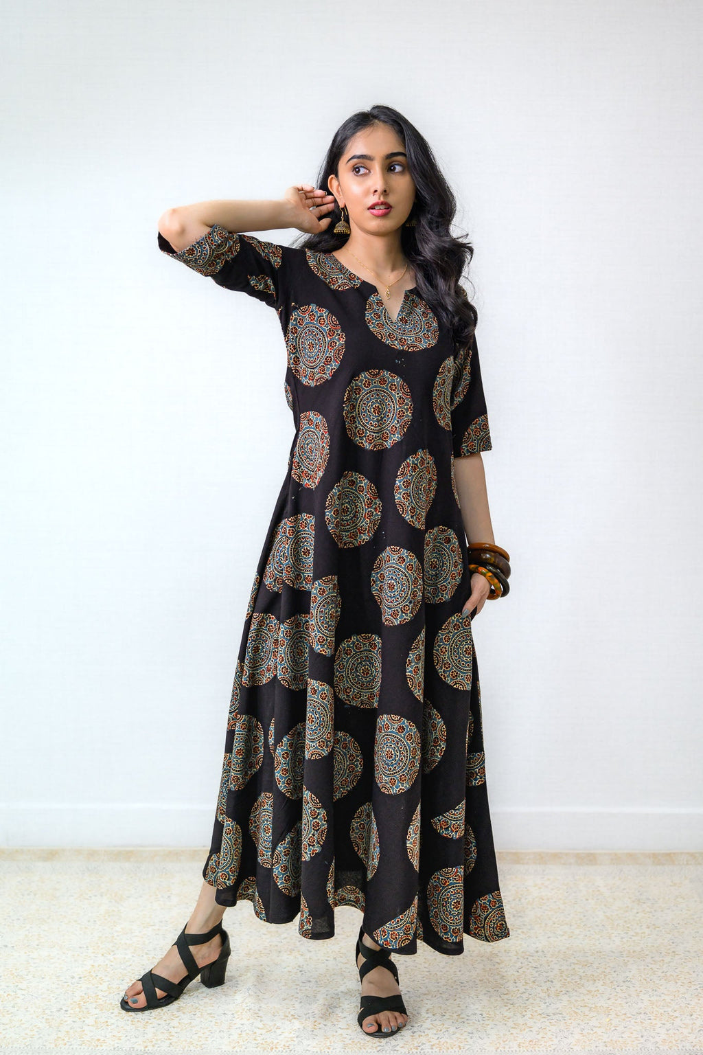 Mandala Noir Ajrakh Cotton Dress - Lobha Deepthis