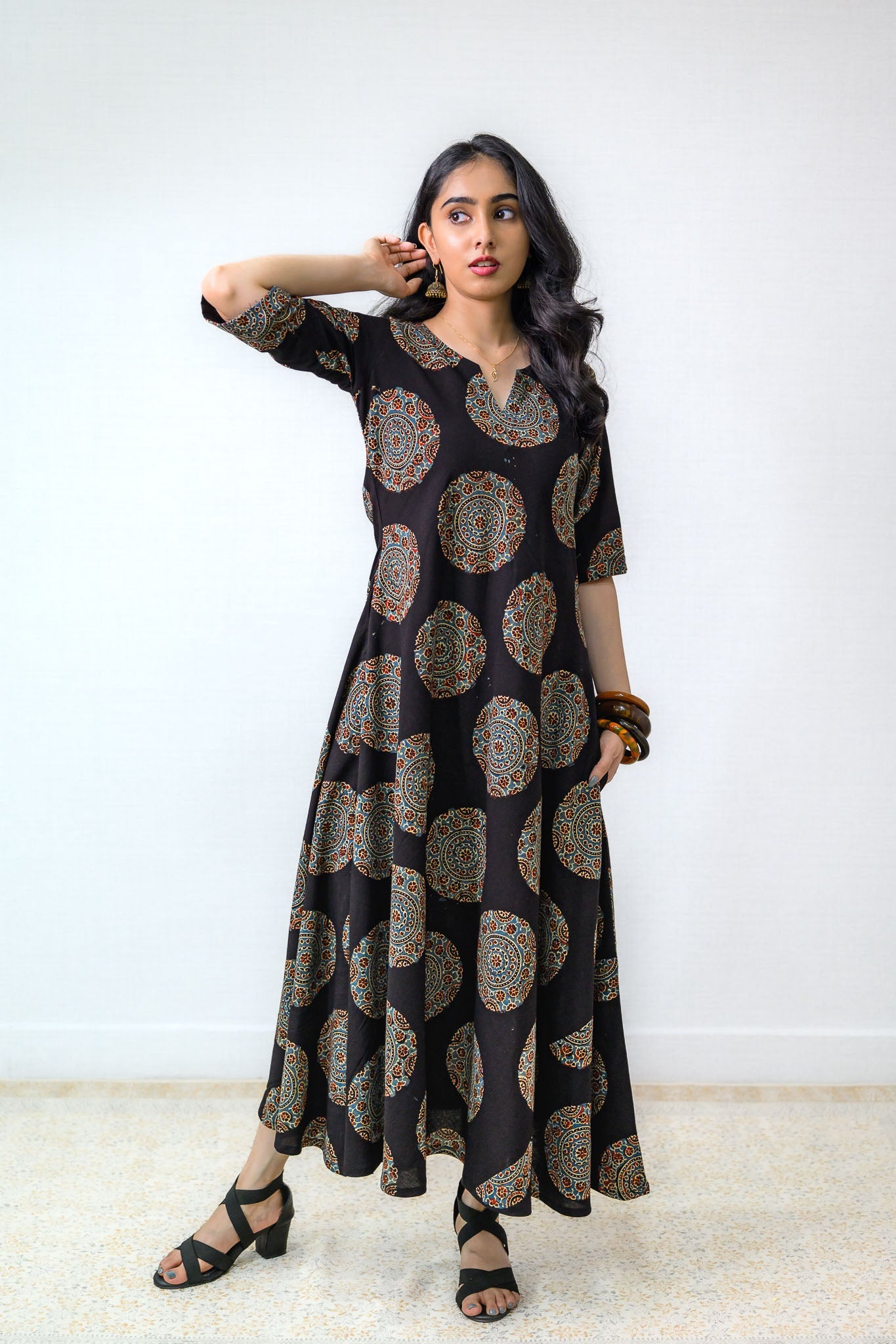 Mandala Noir Ajrakh Cotton Dress - Lobha Deepthis
