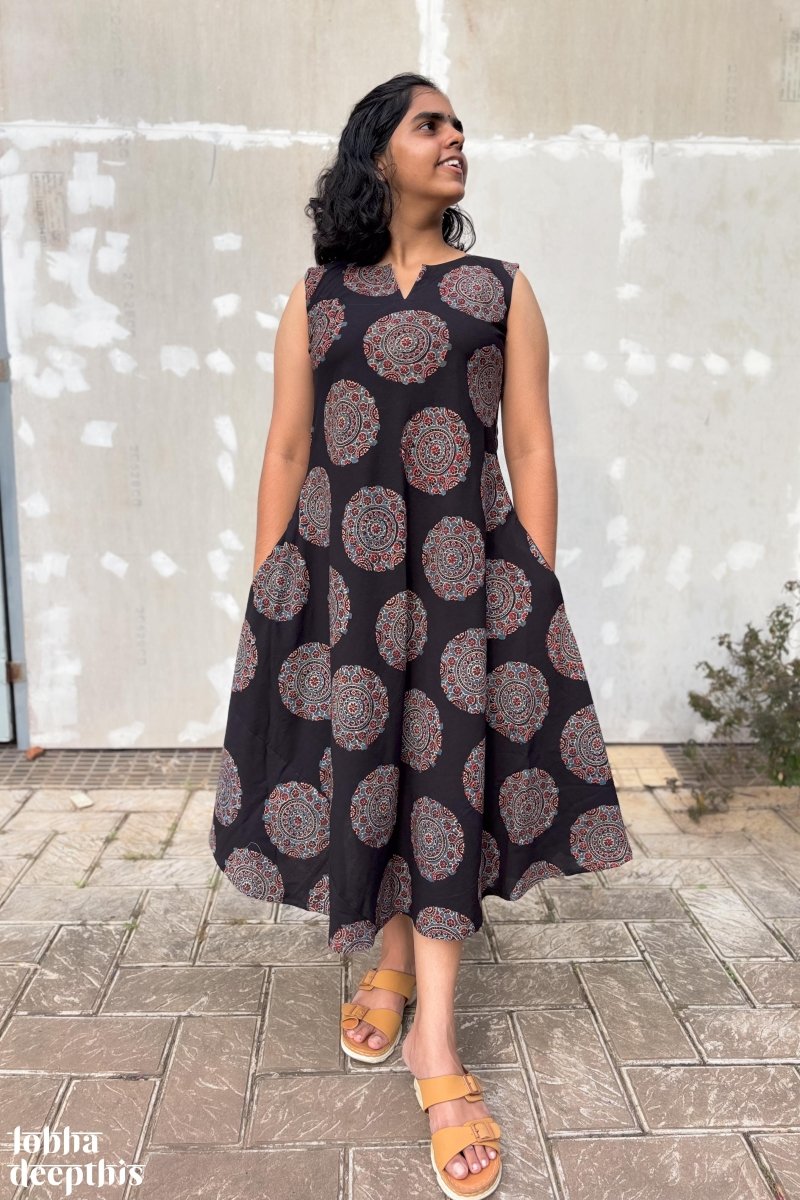 Mandala on Black Ajrakh Cross Cut Dress - Lobha Deepthis