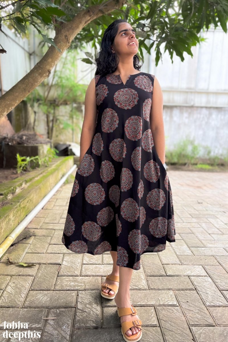 Mandala on Black Ajrakh Cross Cut Dress - Lobha Deepthis