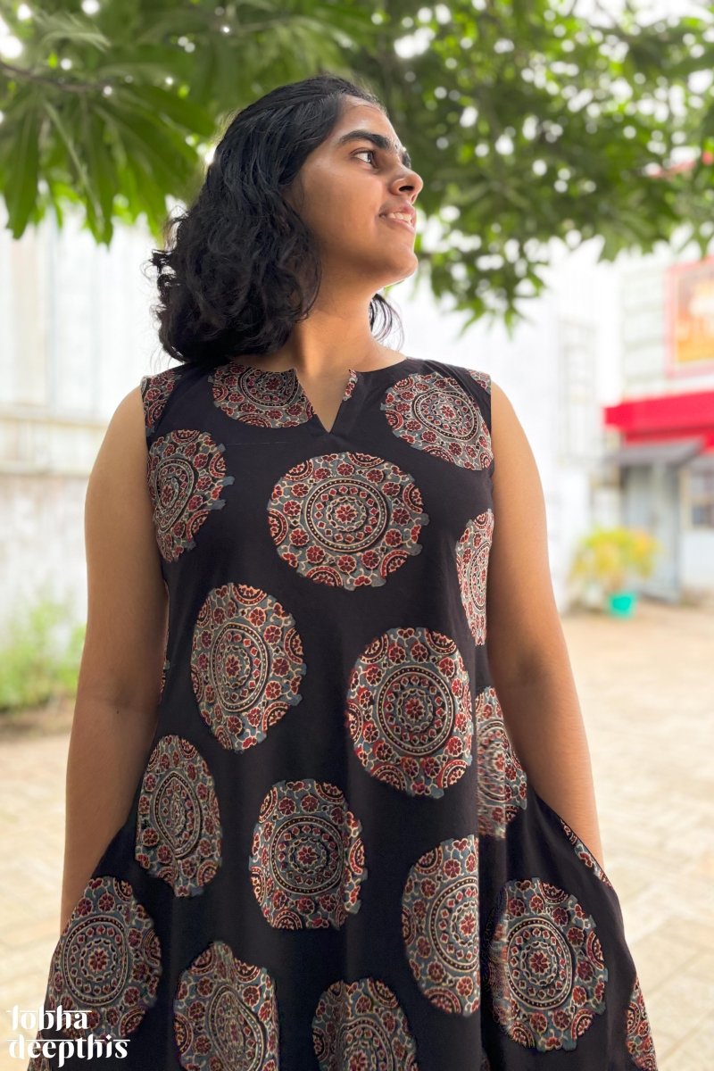 Mandala on Black Ajrakh Cross Cut Dress - Lobha Deepthis