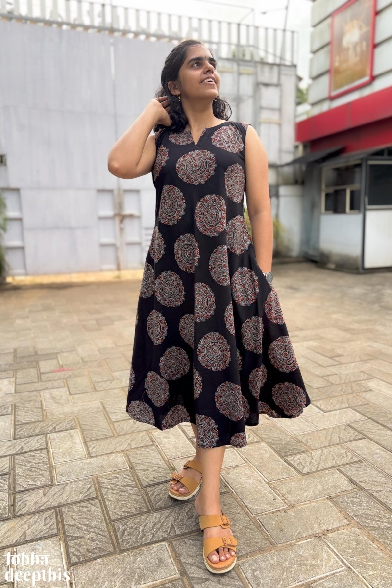 Mandala on Black Ajrakh Cross Cut Dress - Lobha Deepthis