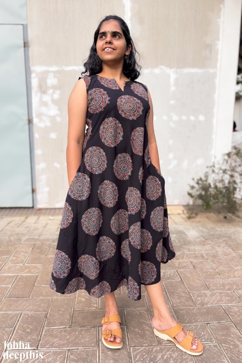 Mandala on Black Ajrakh Cross Cut Dress - Lobha Deepthis