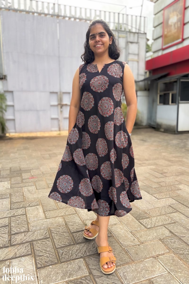 Mandala on Black Ajrakh Cross Cut Dress - Lobha Deepthis