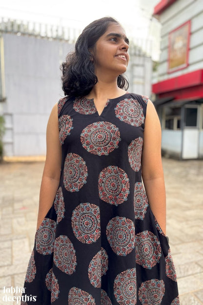 Mandala on Black Ajrakh Cross Cut Dress - Lobha Deepthis