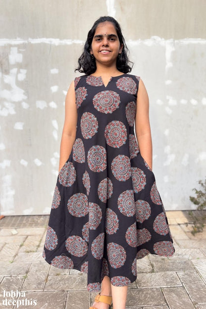 Mandala on Black Ajrakh Cross Cut Dress - Lobha Deepthis