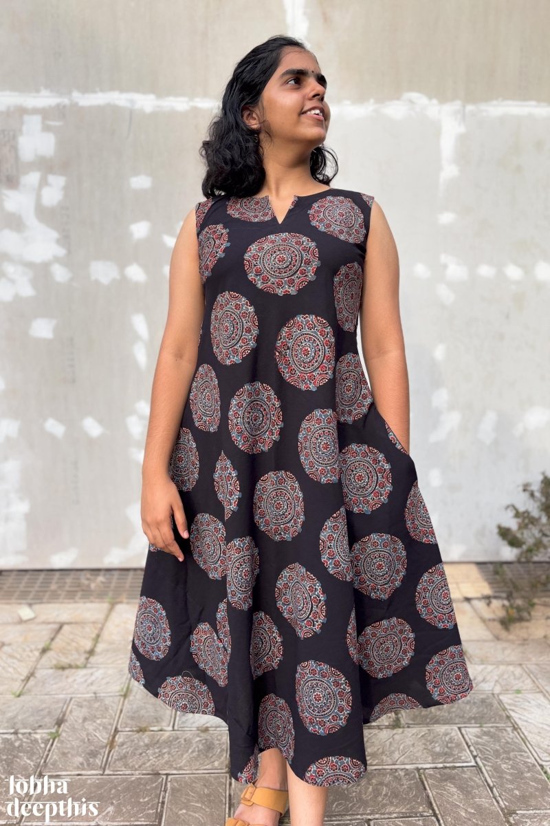 Mandala on Black Ajrakh Cross Cut Dress - Lobha Deepthis