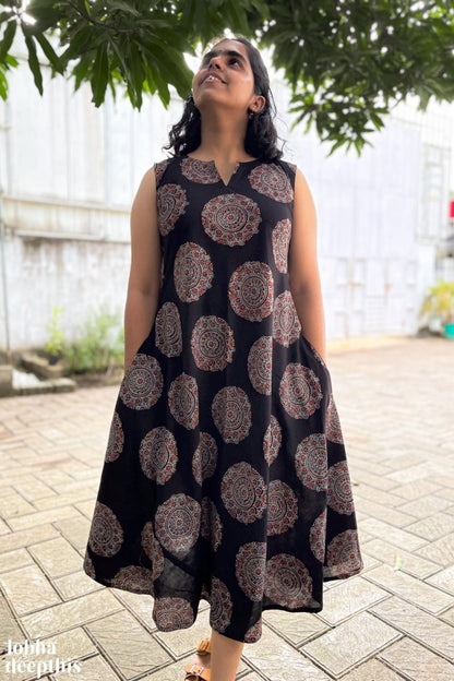 Mandala on Black Ajrakh Cross Cut Dress - Lobha Deepthis