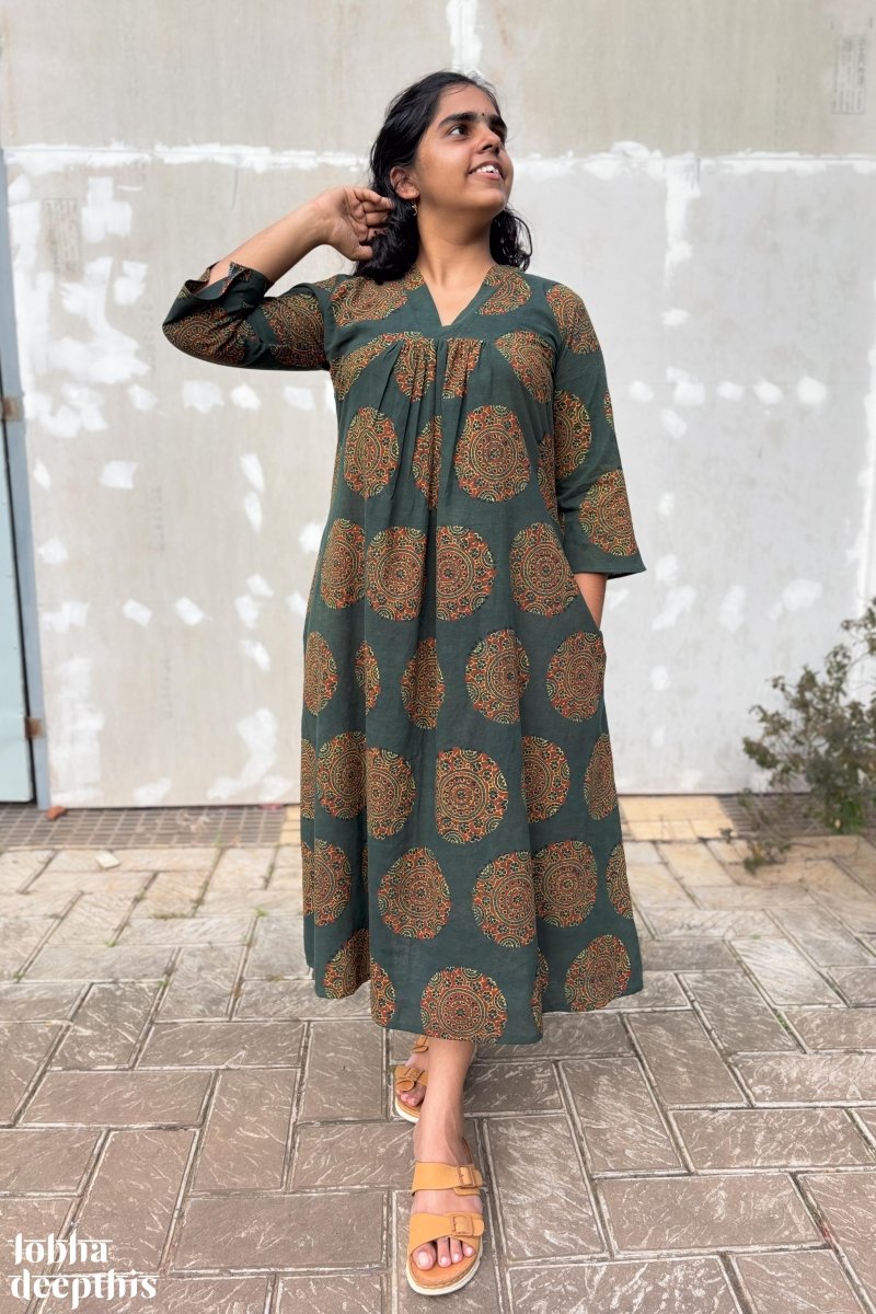 Mandala on Green Ajrakh Alia Cut Dress - Lobha Deepthis