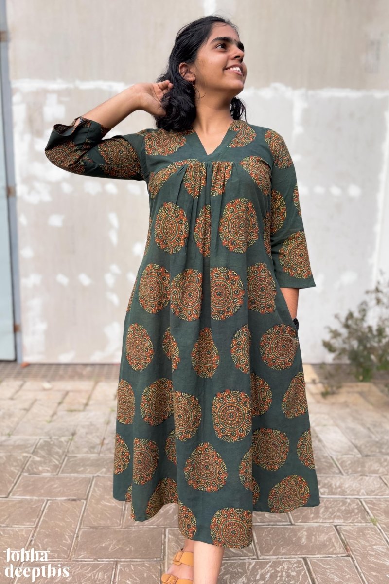 Mandala on Green Ajrakh Alia Cut Dress - Lobha Deepthis