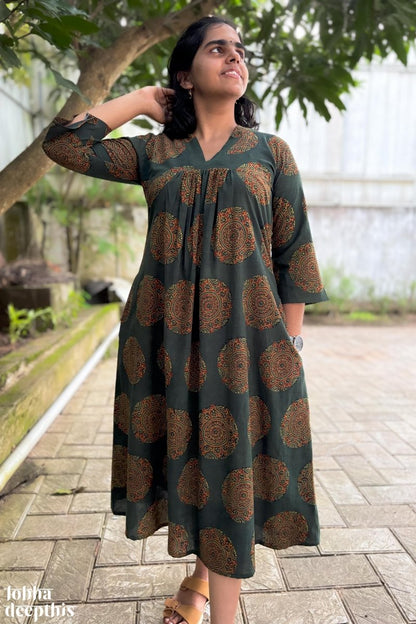 Mandala on Green Ajrakh Alia Cut Dress - Lobha Deepthis