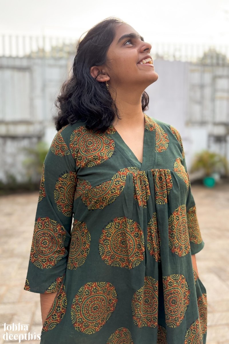 Mandala on Green Ajrakh Alia Cut Dress - Lobha Deepthis