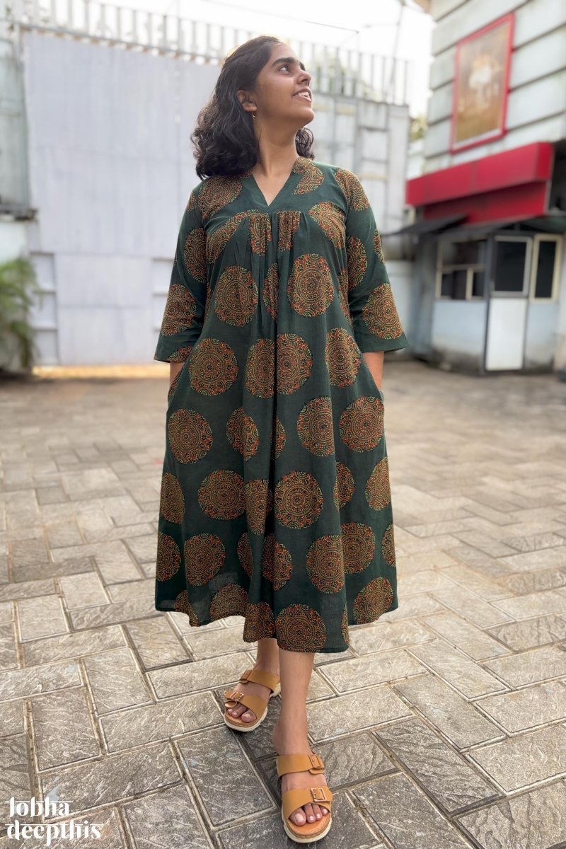 Mandala on Green Ajrakh Alia Cut Dress - Lobha Deepthis