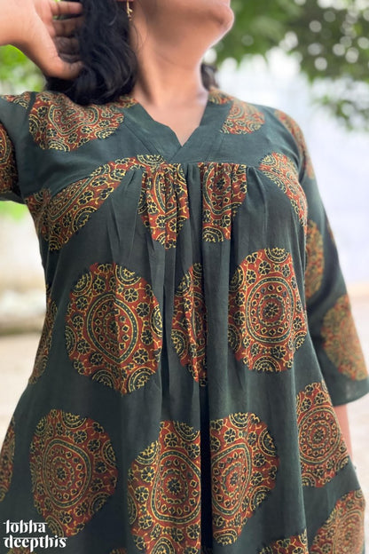 Mandala on Green Ajrakh Alia Cut Dress - Lobha Deepthis