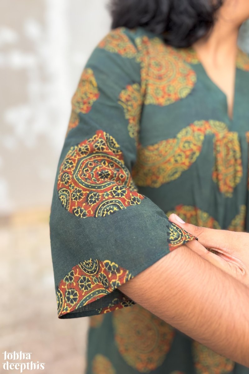 Mandala on Green Ajrakh Alia Cut Dress - Lobha Deepthis