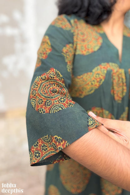 Mandala on Green Ajrakh Alia Cut Dress - Lobha Deepthis