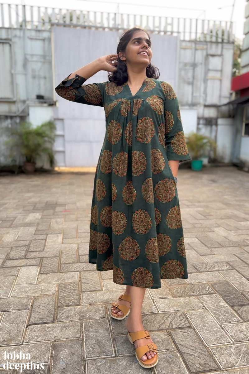 Mandala on Green Ajrakh Alia Cut Dress - Lobha Deepthis