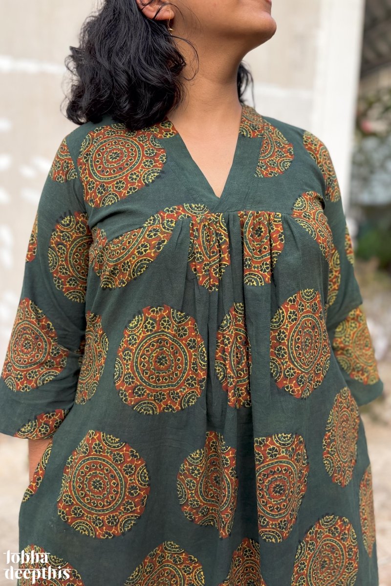 Mandala on Green Ajrakh Alia Cut Dress - Lobha Deepthis