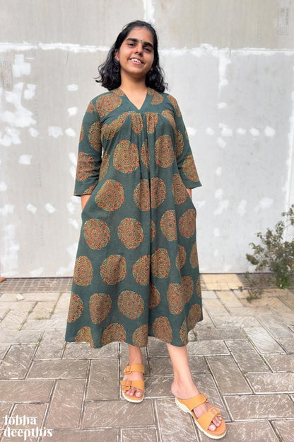 Mandala on Green Ajrakh Alia Cut Dress - Lobha Deepthis