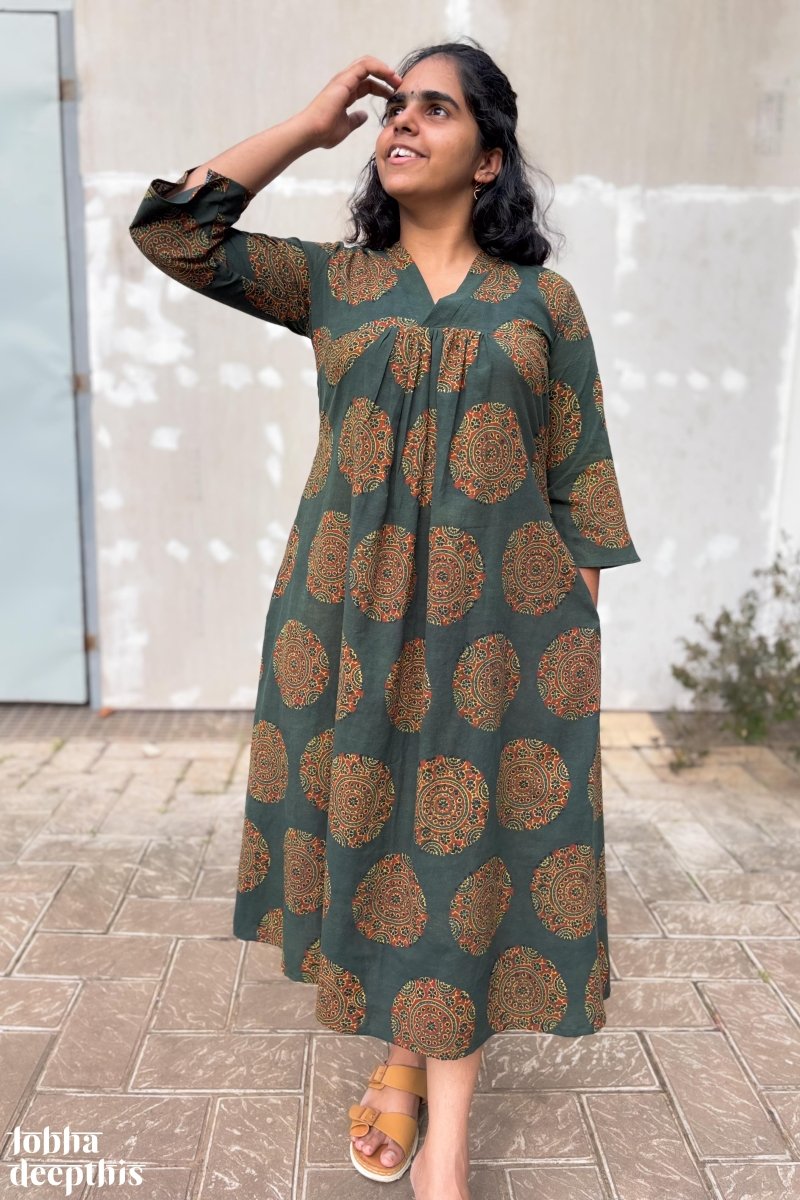 Mandala on Green Ajrakh Alia Cut Dress - Lobha Deepthis