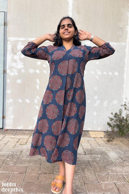 Mandala on Indigo Ajrakh Dress - Lobha Deepthis