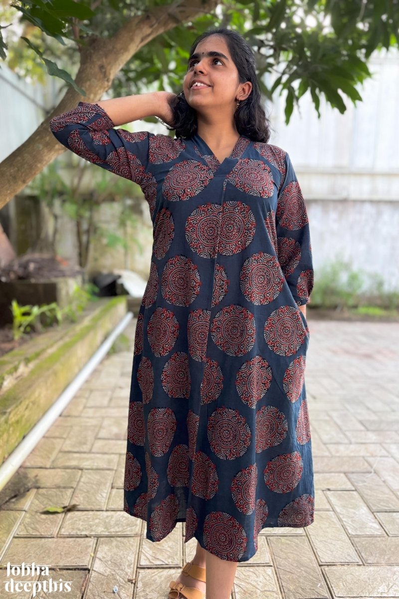 Mandala on Indigo Ajrakh Dress - Lobha Deepthis