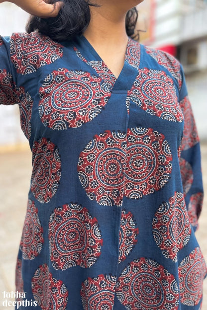 Mandala on Indigo Ajrakh Dress - Lobha Deepthis