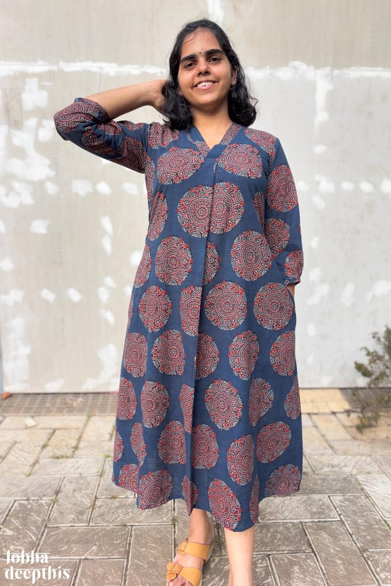 Mandala on Indigo Ajrakh Dress - Lobha Deepthis