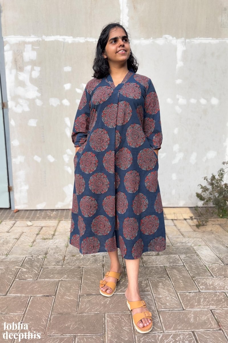 Mandala on Indigo Ajrakh Dress - Lobha Deepthis