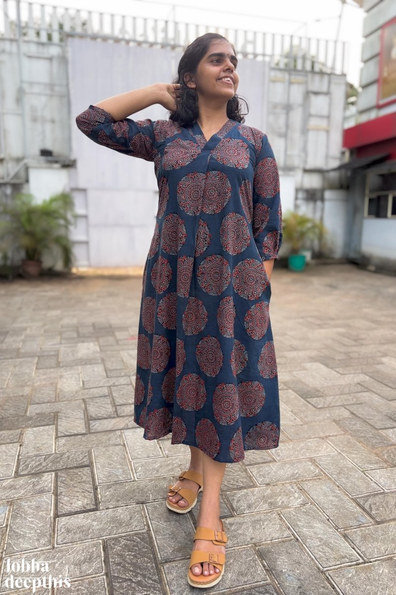 Mandala on Indigo Ajrakh Dress - Lobha Deepthis