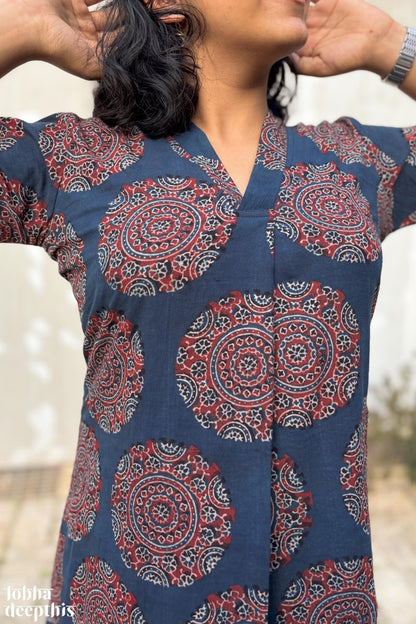 Mandala on Indigo Ajrakh Dress - Lobha Deepthis