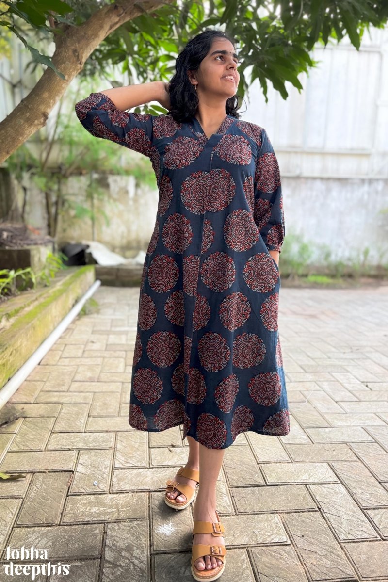 Mandala on Indigo Ajrakh Dress - Lobha Deepthis