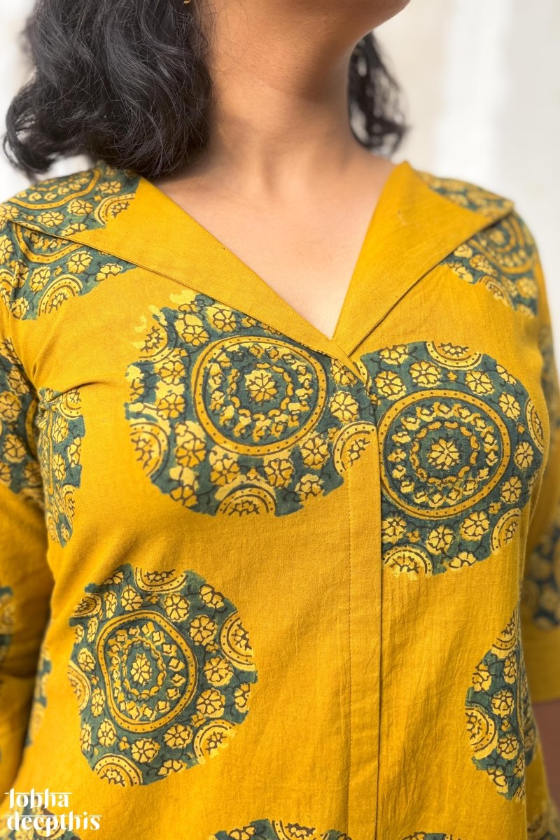 Mandala on Turmeric Ajrakh Dress - Lobha Deepthis