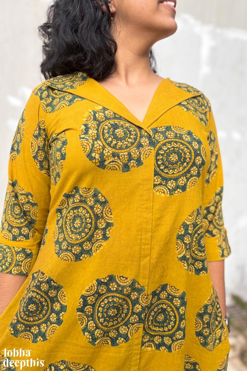 Mandala on Turmeric Ajrakh Dress - Lobha Deepthis