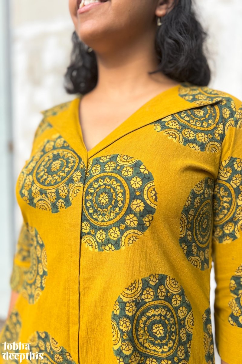 Mandala on Turmeric Ajrakh Dress - Lobha Deepthis