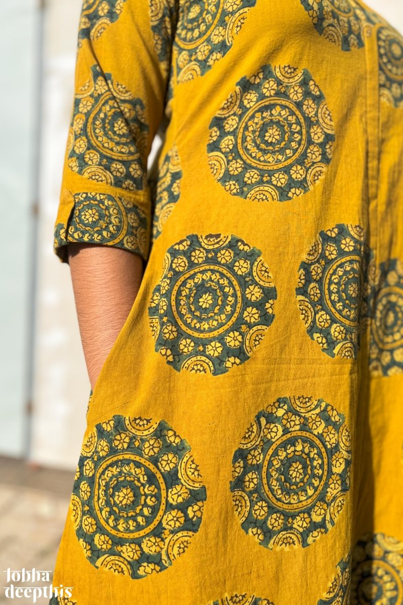 Mandala on Turmeric Ajrakh Dress - Lobha Deepthis