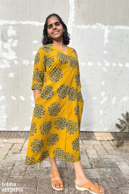 Mandala on Turmeric Ajrakh Dress - Lobha Deepthis