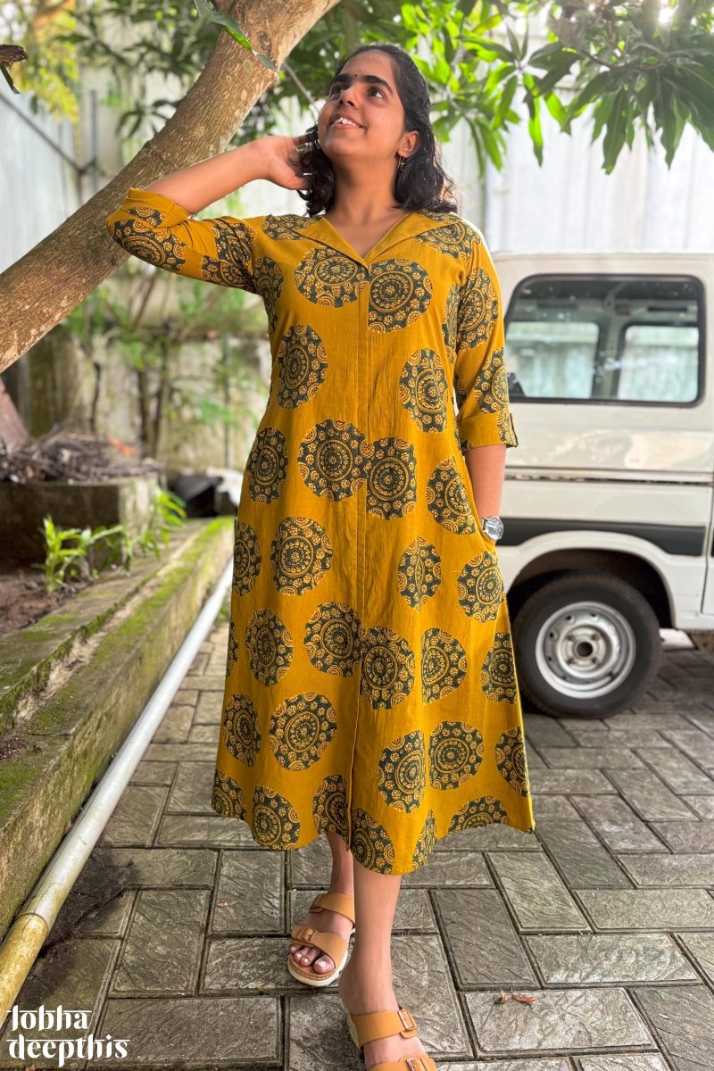 Mandala on Turmeric Ajrakh Dress - Lobha Deepthis